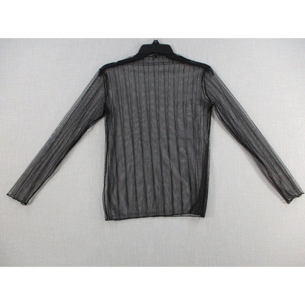 Black Sheer Mesh Pinstripe Long Sleeve Top Crew Neck Layering Shirt XL